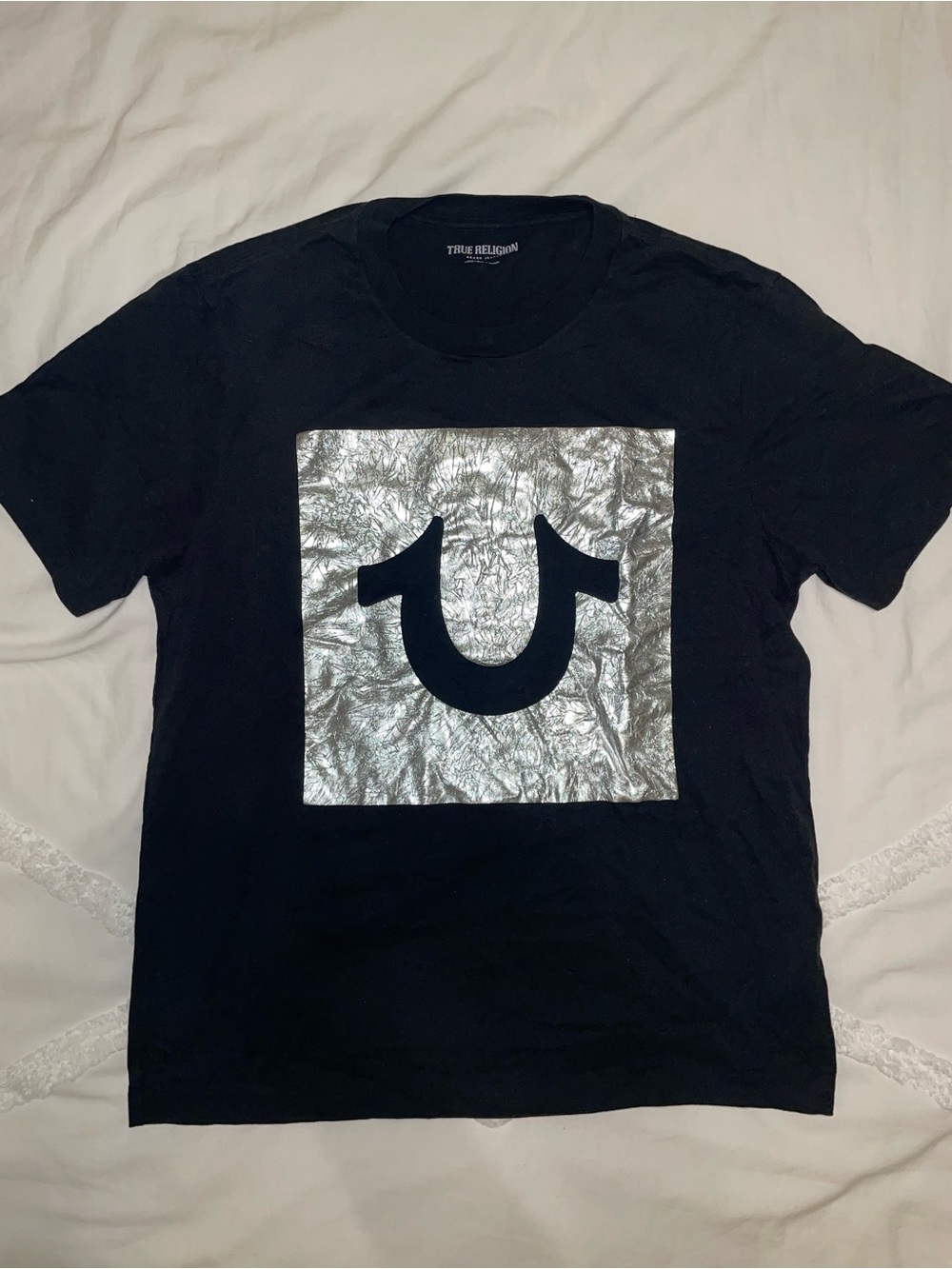 True Religion Black T-Shirt with Silver Foil Logo